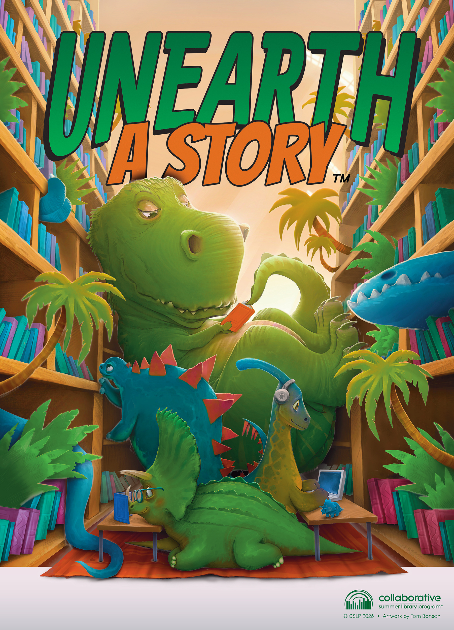 Unearth a Story Logo with dinosaur in the library stacks.