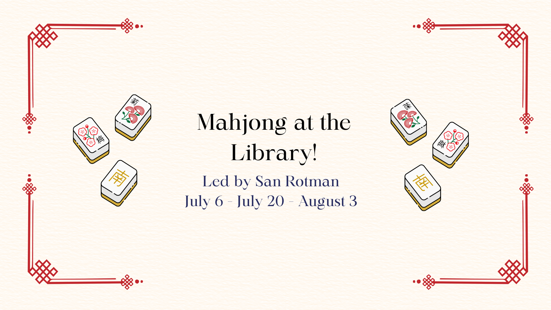 Image is on cream background with red borders in a Chinese design with Mahjong tiles in center