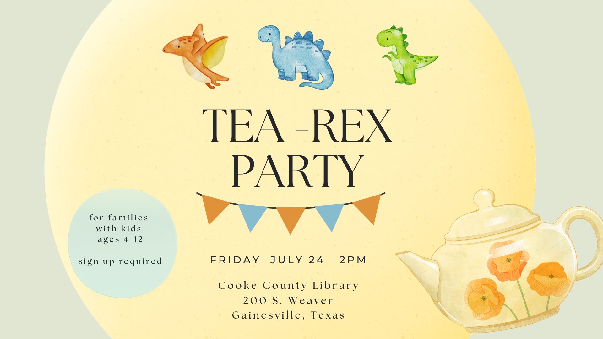 Invitation with colorful dinosaurs, banners, and a teapot in green, yellow, and blue
