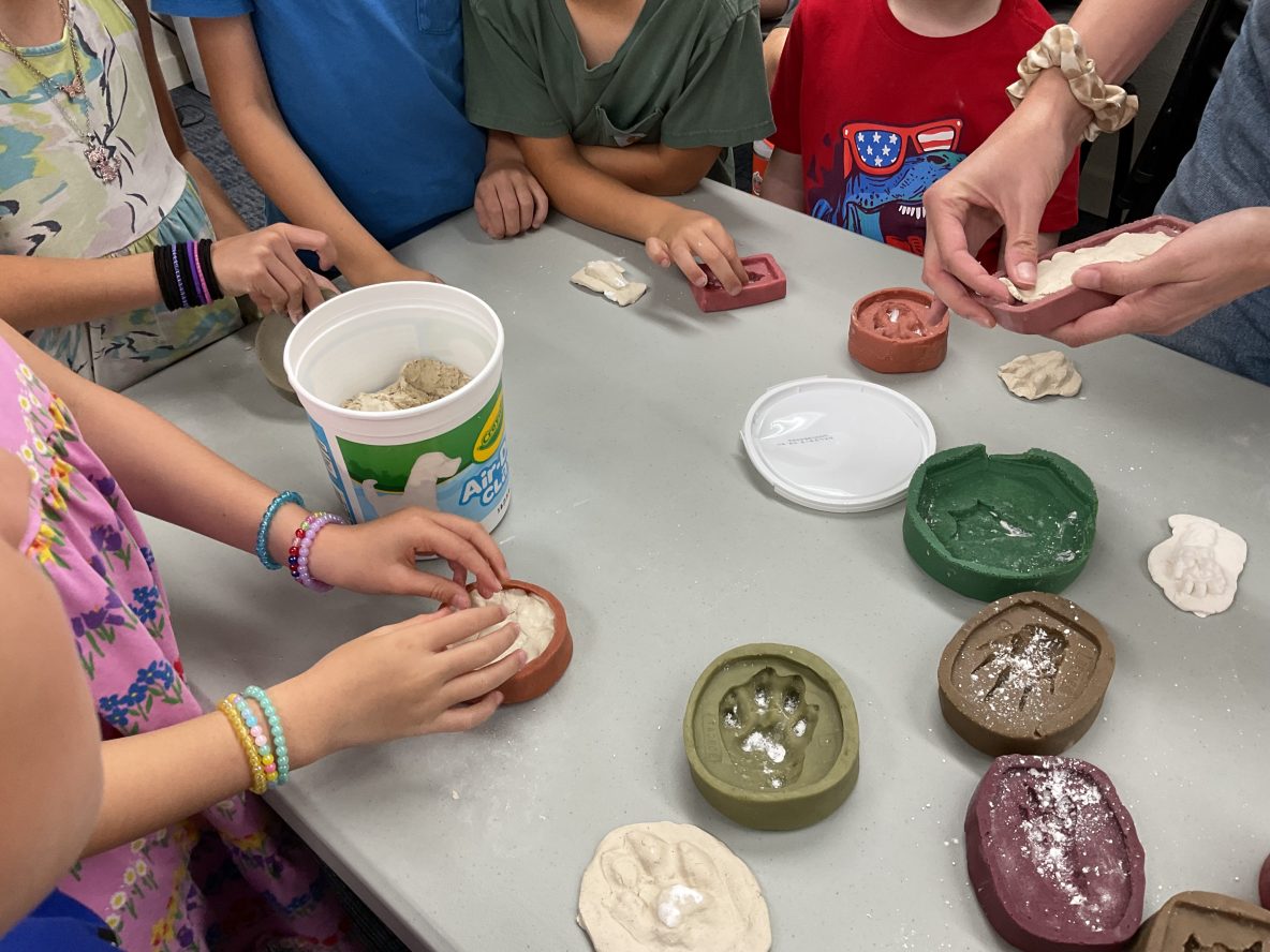 children are gathered around a table making animal foot molds using air dry clay and multicolored molds