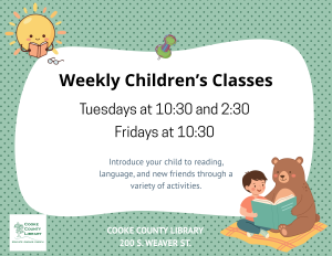 promotes library storytime Tuesdays at 10:30 and 2:30 and Fridays at 10:30